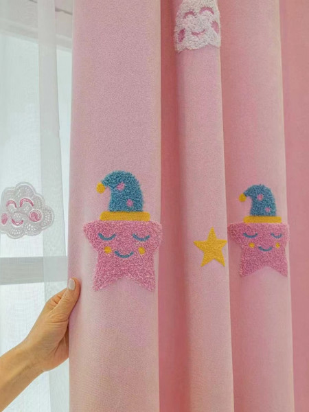 QY24H06F High Quality Children Chenille Embroidered Cute Pink Stars Custom Made Curtains | Cheery Curtains(Color: Pink)