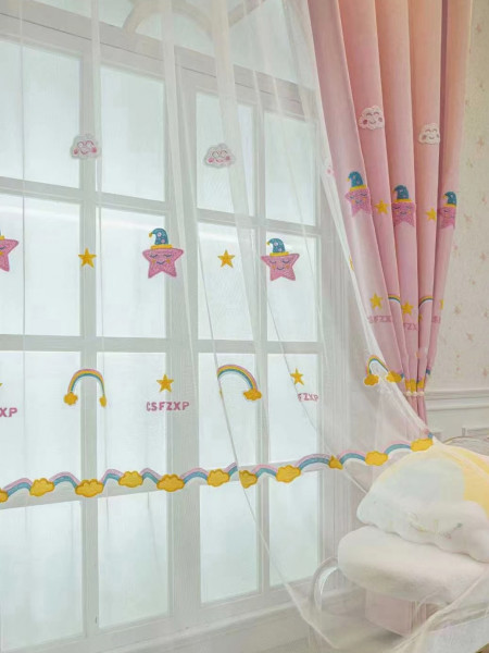 QY24H06FD High Quality Children Chenille Embroidered Cute Pink Stars Grommet Ready Made Curtains