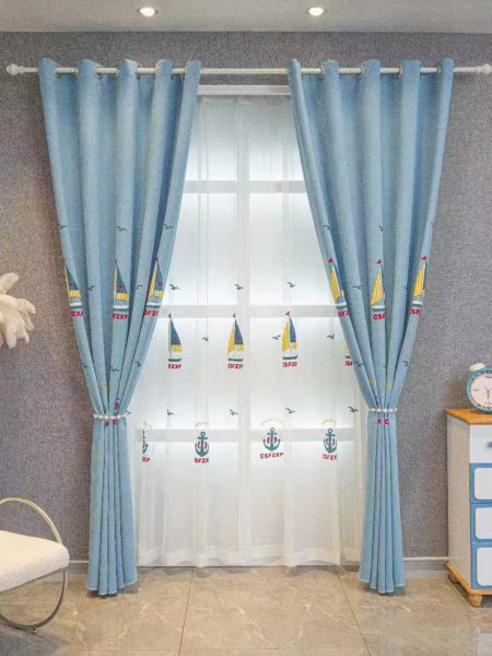 QY24H06G High Quality Children Chenille Embroidered Blue Sailboats Custom Made Curtains