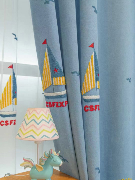 QY24H06G High Quality Children Chenille Embroidered Blue Sailboats Custom Made Curtains(Color: Blue)