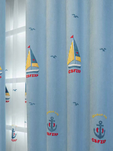 EQY24H06GD High Quality Children Chenille Embroidered Cute Blue Sailboats Custom Made Curtains