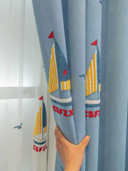 EQY24H06GD High Quality Children Chenille Embroidered Cute Blue Sailboats Custom Made Curtains