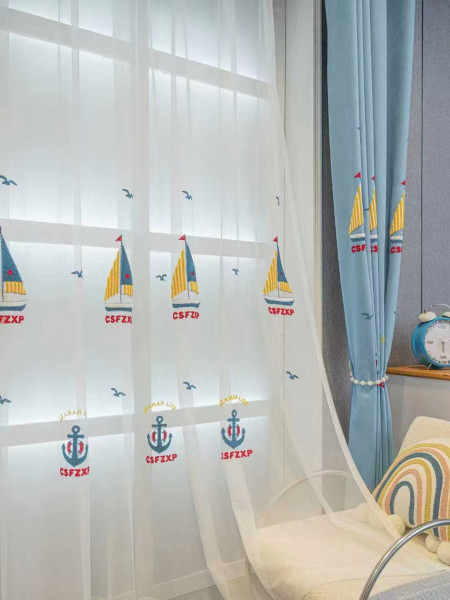 EQY24H06GD High Quality Children Chenille Embroidered Cute Blue Sailboats Custom Made Curtains