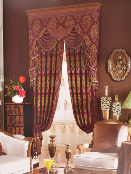 Angel Jacquard European Style Floral Grommet Chenille Curtain (Color: Deep Maroon)