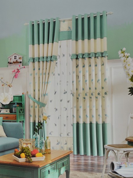 Eclipse Embroidered Floral Stitching Style and Ruffle Custom Made Curtains (Color: Celadon Green)
