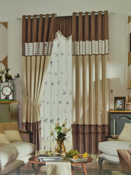 Eclipse Grommet Curtain Stitching Style Plaid Sheer (Color: Camel)
