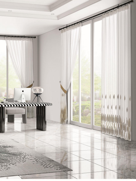 QY7121SHC Elbert Leaves Embroidered Double Pinch Pleat Ready Made Sheer Curtains