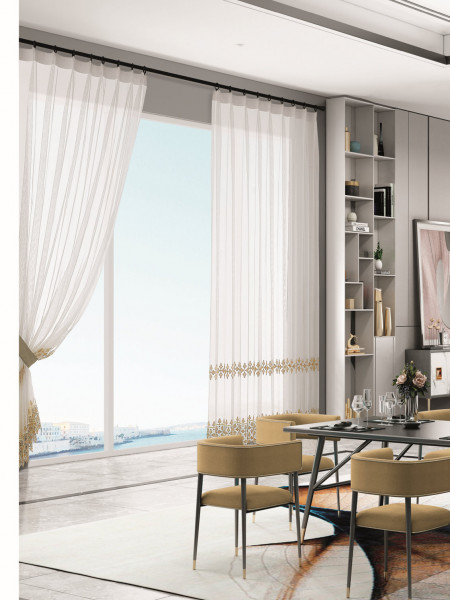 QY7121SKC Elbert Clovers Embroidered Double Pinch Pleat Ready Made Sheer Curtains