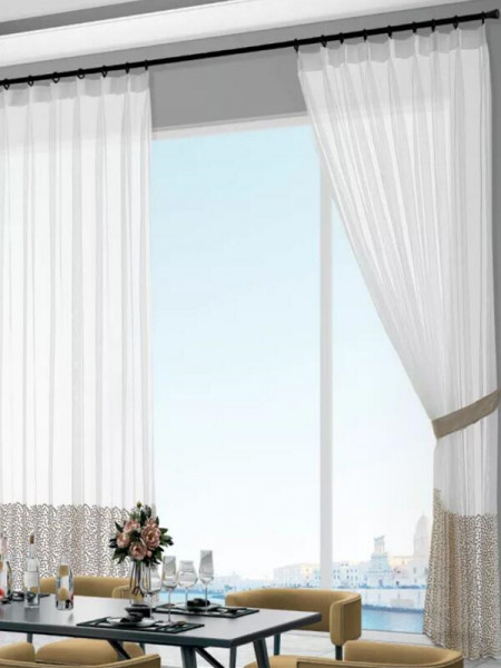 QY7121SLC Elbert Spots Embroidered Double Pinch Pleat Ready Made Sheer Curtains
