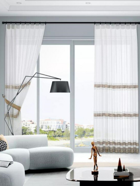 QY7121SPC Elbert Horizontal Stripes Embroidered Double Pinch Pleat Ready Made Sheer Curtains