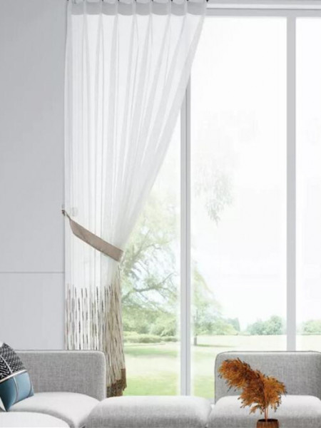 QY7121SQC Elbert Stripes Embroidered Double Pinch Pleat Ready Made Sheer Curtains
