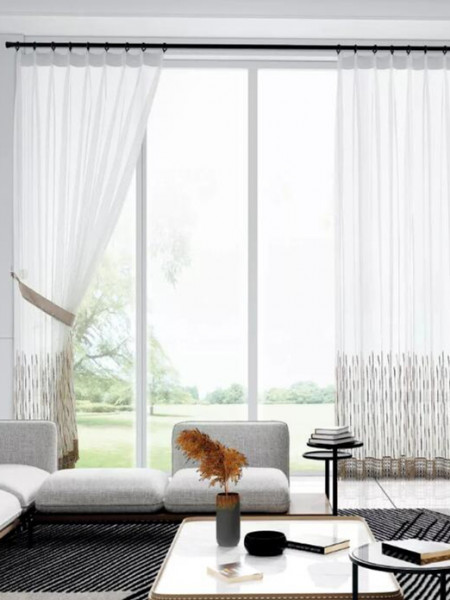 QY7121SQC Elbert Stripes Embroidered Double Pinch Pleat Ready Made Sheer Curtains