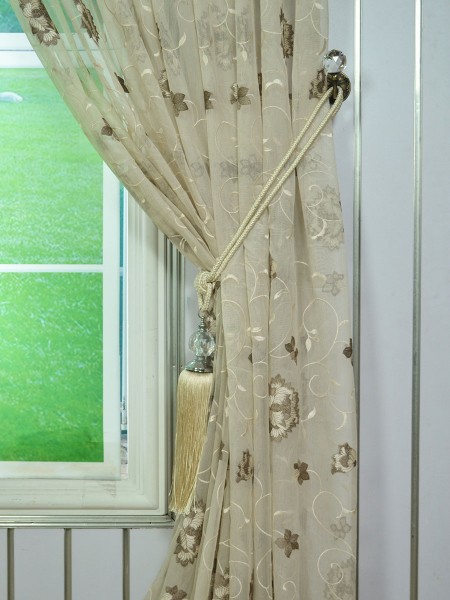 Elbert Flowers Embroidered Custom Made Sheer Curtains White Sheer Curtain Panel Tassel Tieback