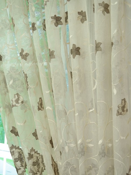 Elbert Flower Pattern Embroidered Pencil Pleat White Sheer Curtain Panels Online Fabric Details