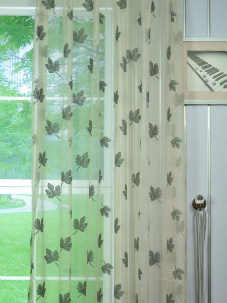 Elbert Maple Leaves Pattern Embroidered Rod Pocket White Sheer Curtains Panels Fabric Details