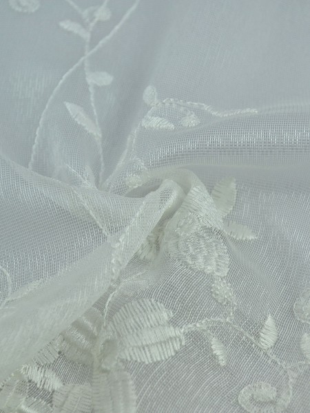 Elbert Vine Leaves Pattern Embroidered Rod Pocket White Sheer Curtain Panels (Color: Ivory)