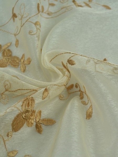 Elbert Vine Leaves Pattern Embroidered Versatile Pleat White Sheer Curtain Panel (Color: Beige)