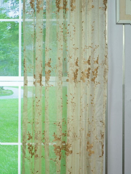 Elbert Vine Leaves Pattern Embroidered Rod Pocket White Sheer Curtain Panels Fabric Details