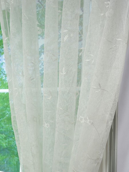 Elbert Branch Leaves Pattern Embroidered Grommet White Sheer Curtains Panels Fabric Details