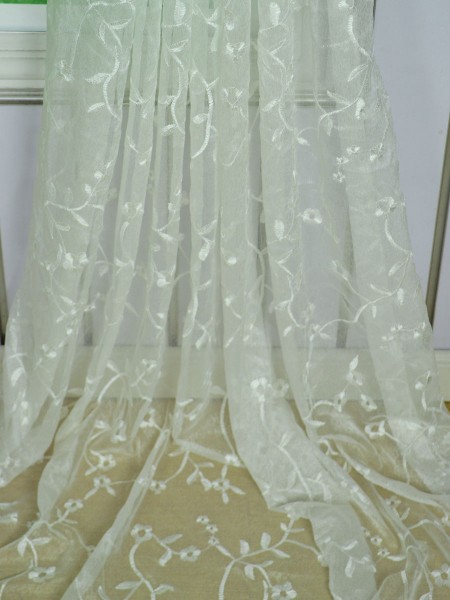 Elbert Branch Floral Pattern Embroidered Rod Pocket White Sheer Curtains Panels Fabric Details