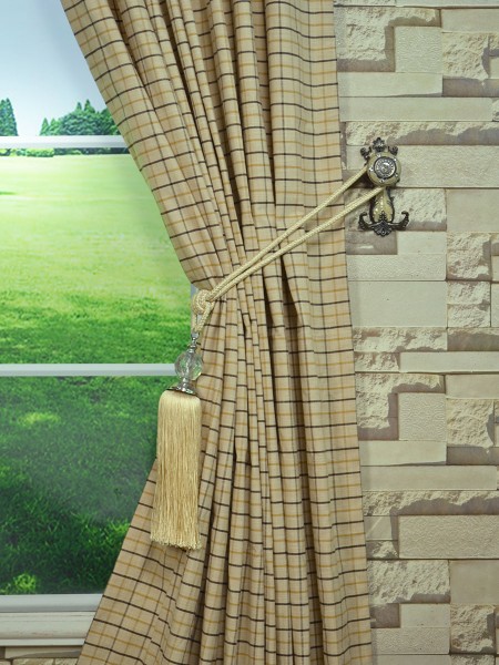 Hudson Cotton Blend Small Plaid Back Tab Curtain Tassel Tieback