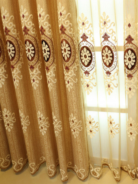 QYC125A Hebe Mid-scale Scrolls Embroidered Chenille Custom Made Curtains(Color: Brown)