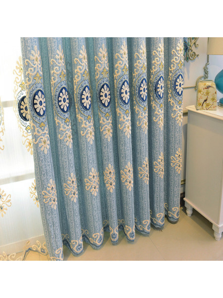 QYC125AA Hebe Mid-scale Scrolls Embroidered Chenille Ready Made Grommet Curtains(Color: Blue)