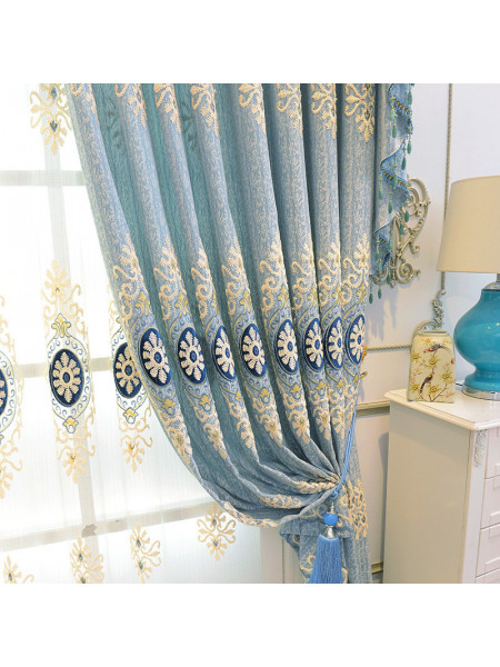 QYC125AA Hebe Mid-scale Scrolls Embroidered Chenille Ready Made Grommet Curtains