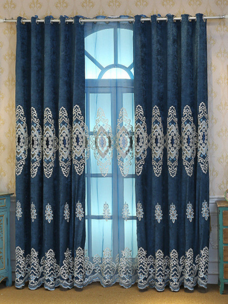  QYC125BA Hebe Floral Damask Embroidered Chenille Ready Made Grommet Curtains