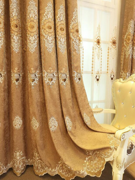  QYC125BA Hebe Floral Damask Embroidered Chenille Ready Made Grommet Curtains(Color: Brown)