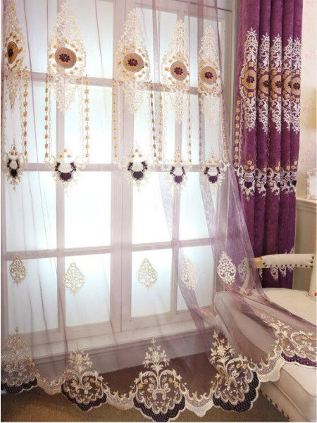  QYC125BA Hebe Floral Damask Embroidered Chenille Ready Made Grommet Curtains