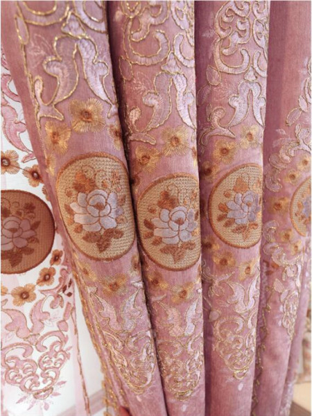  QYC125BA Hebe Floral Damask Embroidered Chenille Ready Made Grommet Curtains(Color: Pink)