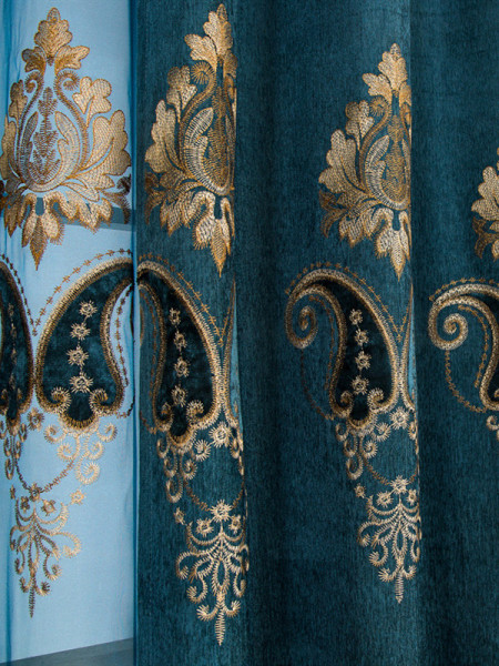  QYC125CA Hebe Traditional Damask Embroidered Chenille Ready Made Grommet Curtains(Color: Blue)