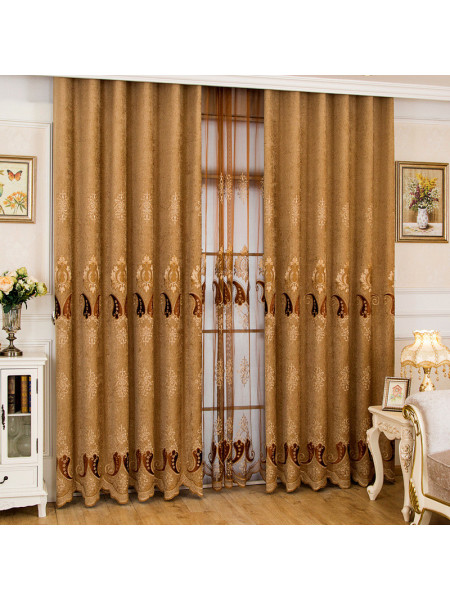  QYC125CA Hebe Traditional Damask Embroidered Chenille Ready Made Grommet Curtains(Color: Brown)