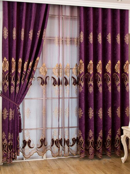  QYC125CA Hebe Traditional Damask Embroidered Chenille Ready Made Grommet Curtains(Color: Purple)