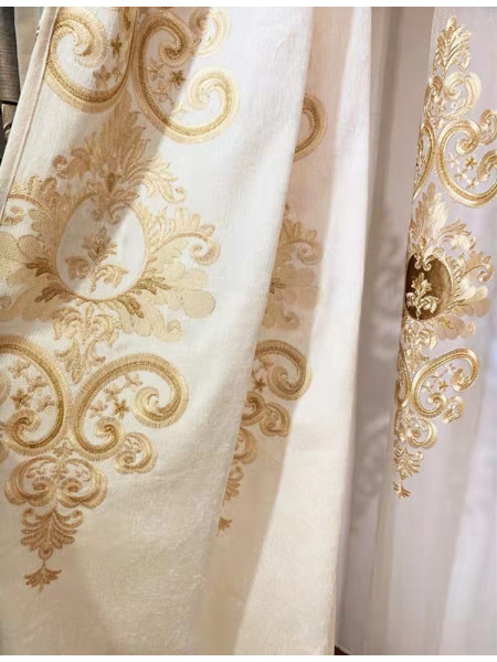 QYC125DA Hebe Regal Floral Damask Embroidered Chenille Ready Made Grommet Curtains(Color: Beige)