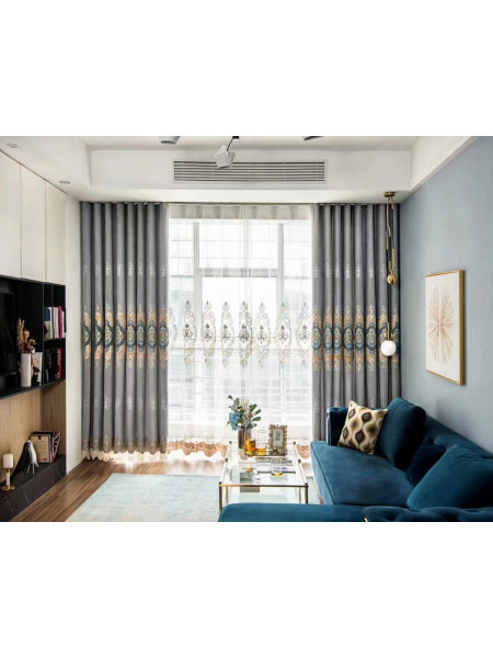  QYC125FA Hebe European Floral Luxury Damask Embroidered Chenille Ready Made Grommet Curtains
