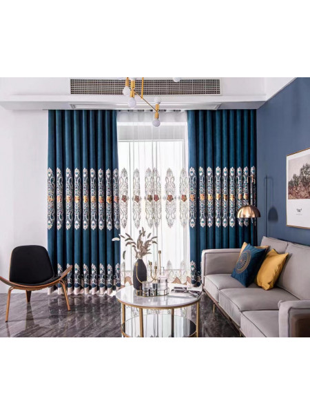 QYC125G Hebe European Floral Luxury Damask Embroidered Chenille Blue Grey Ready Made Grommet Curtains