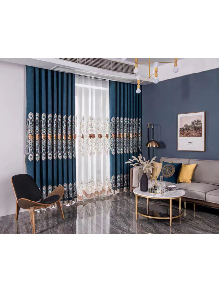 QYC125G Hebe European Floral Luxury Damask Embroidered Chenille Blue Grey Ready Made Grommet Curtains