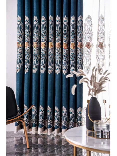 QYC125G Hebe European Floral Luxury Damask Embroidered Chenille Blue Grey Ready Made Grommet Curtains