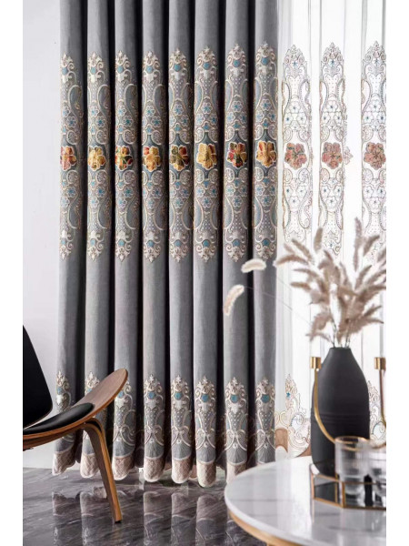 Hebe European Floral Luxury Damask Embroidered Blue Grey Velvet Custom Made Curtains(Color: Grey)