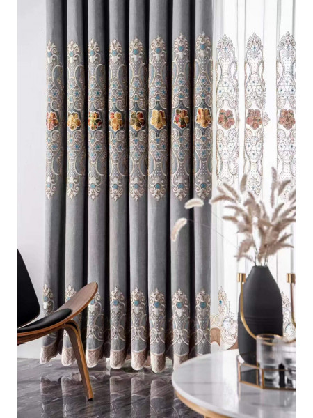 QYC125G Hebe European Floral Luxury Damask Embroidered Chenille Blue Grey Ready Made Grommet Curtains