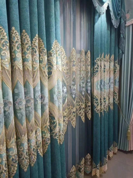 QYC125HA Hebe European Floral Luxury Damask New Chenille Embroidered Blue Ready Made Grommet Curtains(Color: Blue)