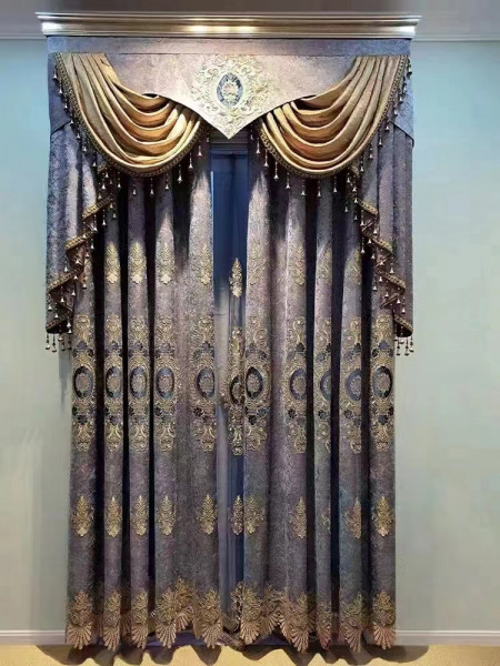 QYC125I Hebe New Flowers Bloom Luxury Damask Chenille Embroidered Brown Blue Custom Made Curtains