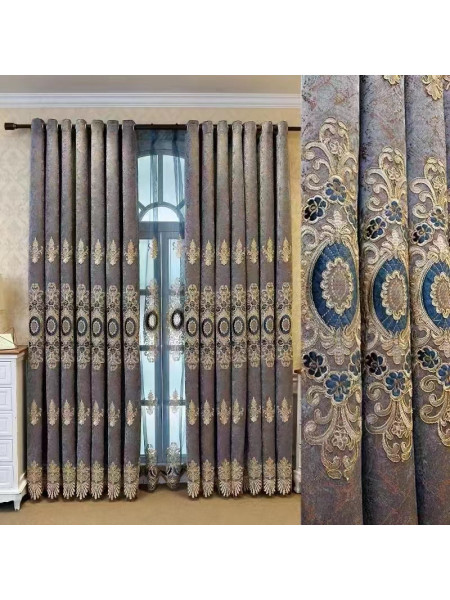 QYC125I Hebe New Flowers Bloom Luxury Damask Chenille Embroidered Brown Blue Custom Made Curtains(Color: Brown)