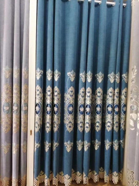 QYC125JA Hebe Small Peony Luxury Damask Chenille Embroidered Blue Purple Ready Made Grommet Curtains