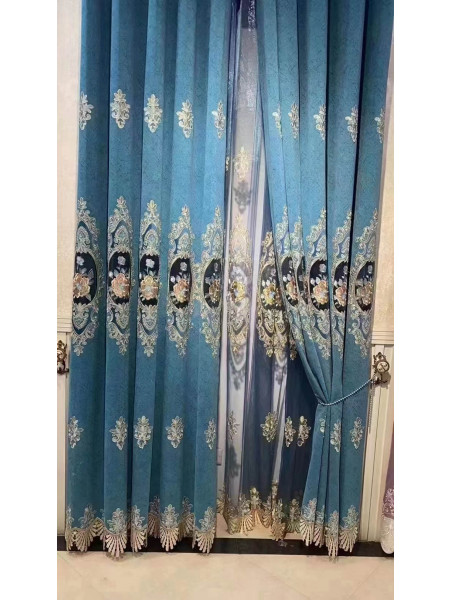 QYC125KA Hebe Floral Luxury Damask Chenille Embroidered Blue Purple Ready Made Grommet Curtains