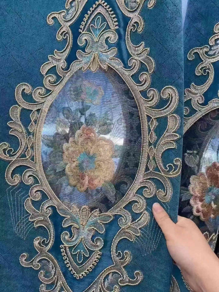 QYC125KA Hebe Floral Luxury Damask Chenille Embroidered Blue Purple Ready Made Grommet Curtains