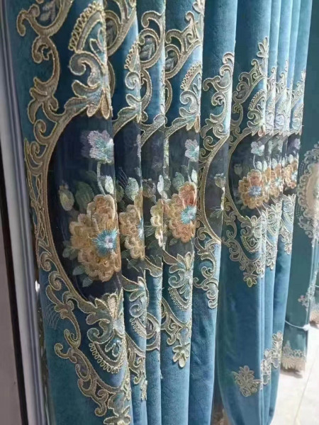 QYC125KA Hebe Floral Luxury Damask Chenille Embroidered Blue Purple Ready Made Grommet Curtains(Color: Blue)