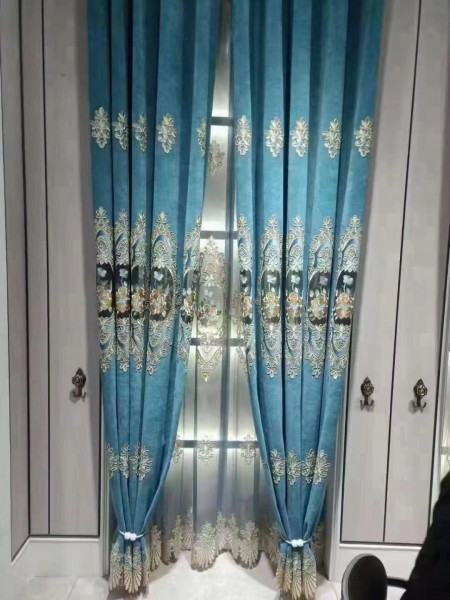 QYC125KA Hebe Floral Luxury Damask Chenille Embroidered Blue Purple Ready Made Grommet Curtains